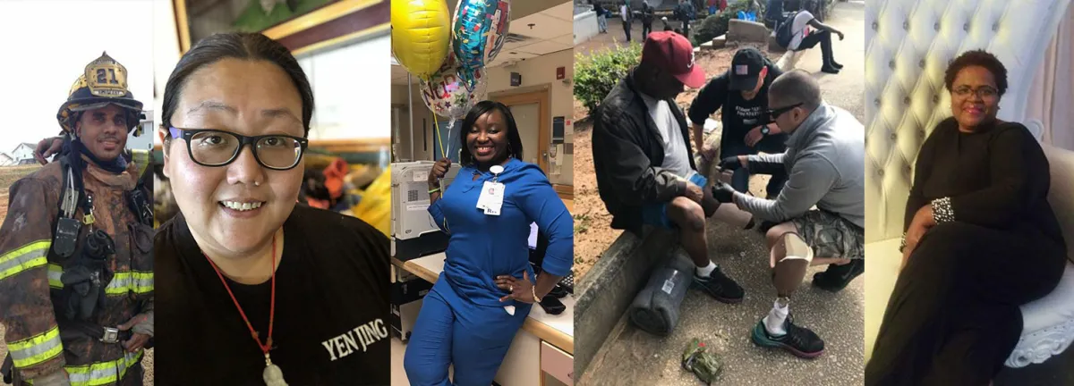 A firefighter in gear, a smiling woman with glasses, a nurse with balloons, two men tending to an injured leg, and a woman sitting on a white chair.
