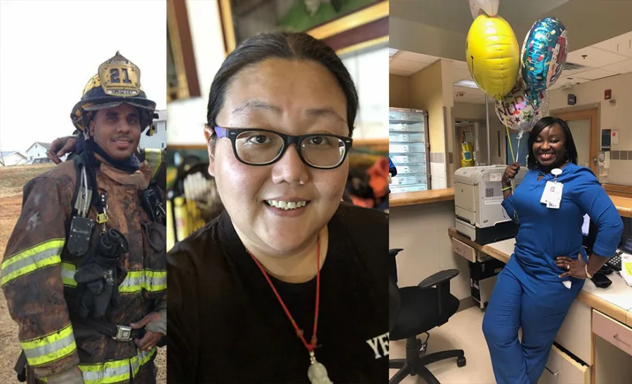 A firefighter in uniform, a person wearing glasses and a necklace, and a nurse holding balloons stand in separate settings.