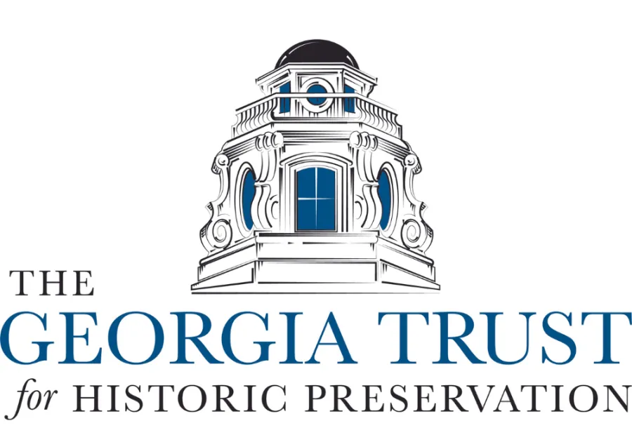 Logo for The Georgia Trust for Historic Preservation featuring an illustrated historic building dome above the organization's name in blue and black text.