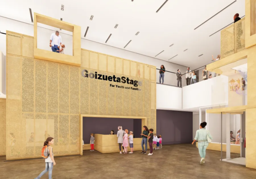 Rendering of a spacious, modern lobby with people, children, and staff near a reception desk under a sign reading "Goizueta Stage for Youths and Families.