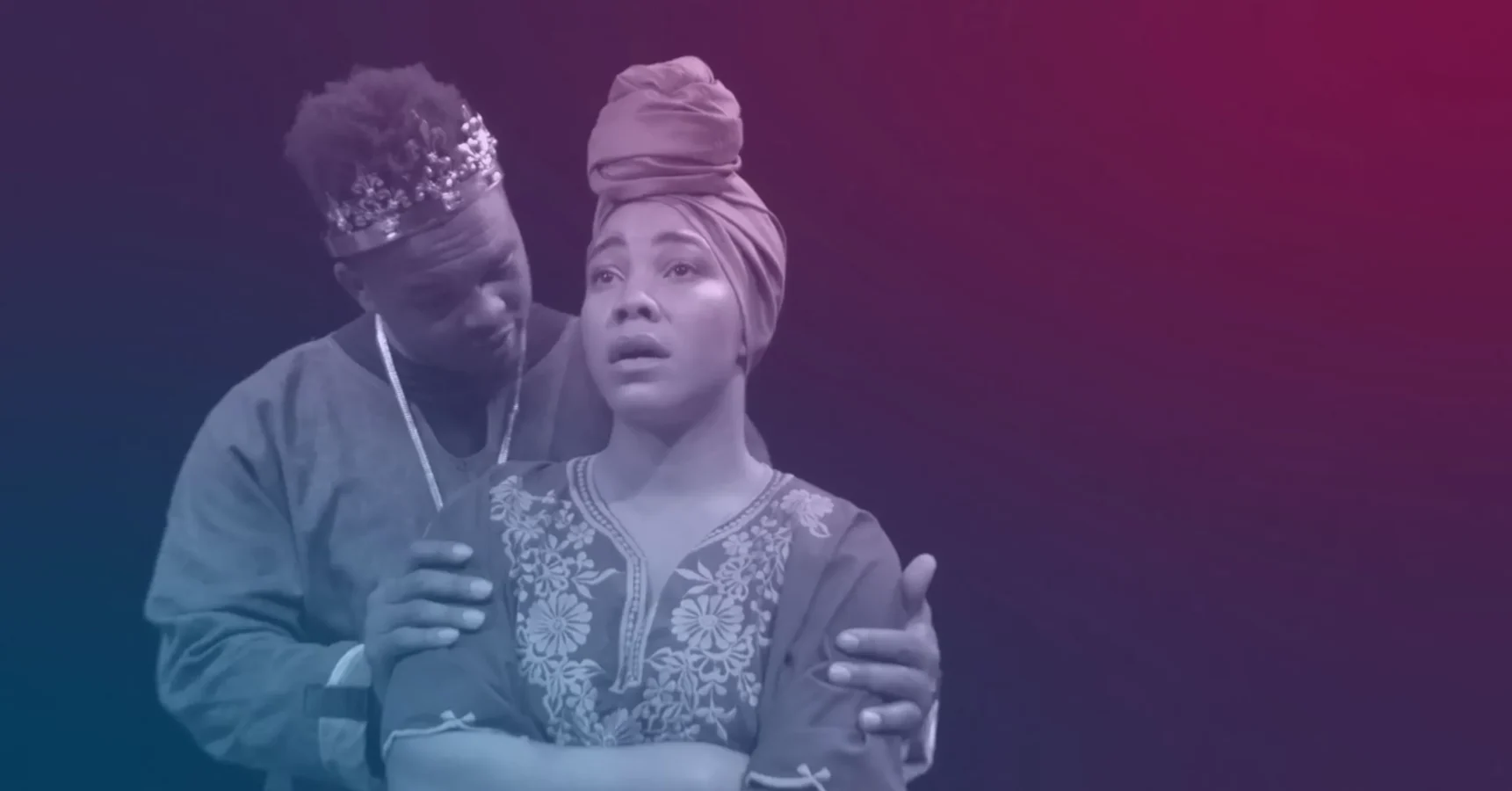 A man wearing a crown gently holds a woman in traditional attire, who looks ahead with a serious expression against a pink and blue gradient background.