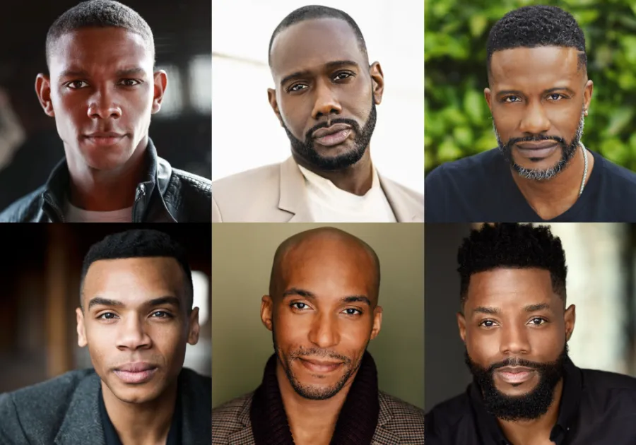 A collage of six men with short hair and trimmed facial hair, each posing individually against different backgrounds.