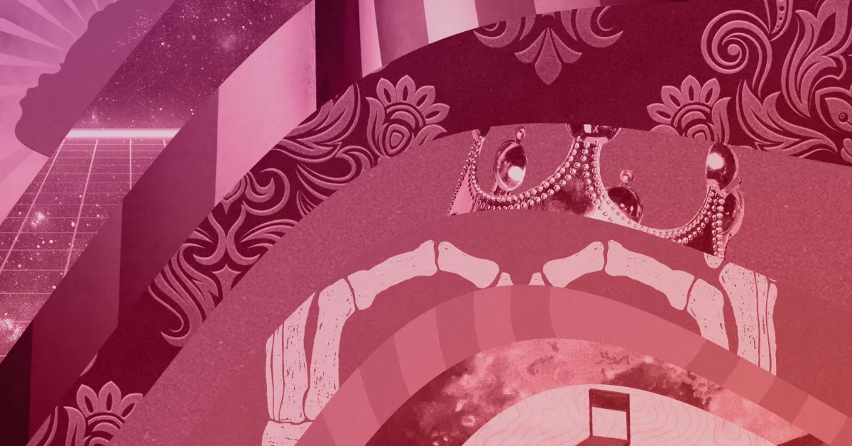 Abstract digital artwork featuring layered patterns, a starry sky, a crown, skeletal bones, ornate designs, and a small chair, all in shades of pink and red.