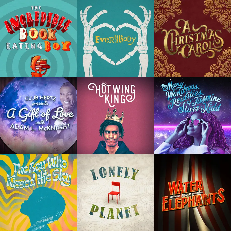 A 3x3 grid displays colorful cover art for nine different theater productions, each featuring distinct typography and graphics representing their respective titles.