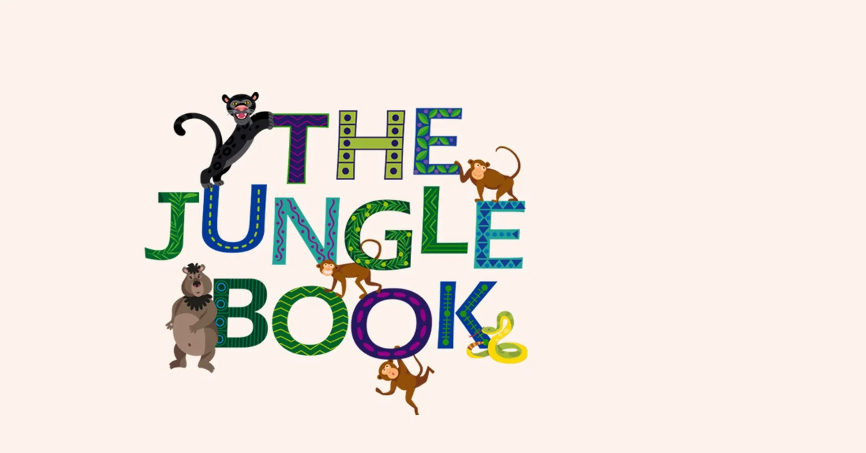 Illustrated text reads "The Jungle Book" with cartoon animals, including a black panther, monkeys, a bear, and a snake, interacting with the colorful letters.