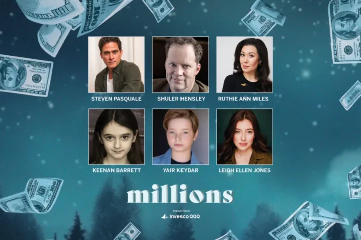 Portrait photos of six actors are shown above the title "millions" with floating U.S. dollar bills in the background. The actors' names are labeled below each image.