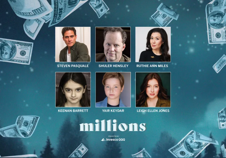 Portrait photos of six actors are shown above the title "millions" with floating U.S. dollar bills in the background. The actors' names are labeled below each image.