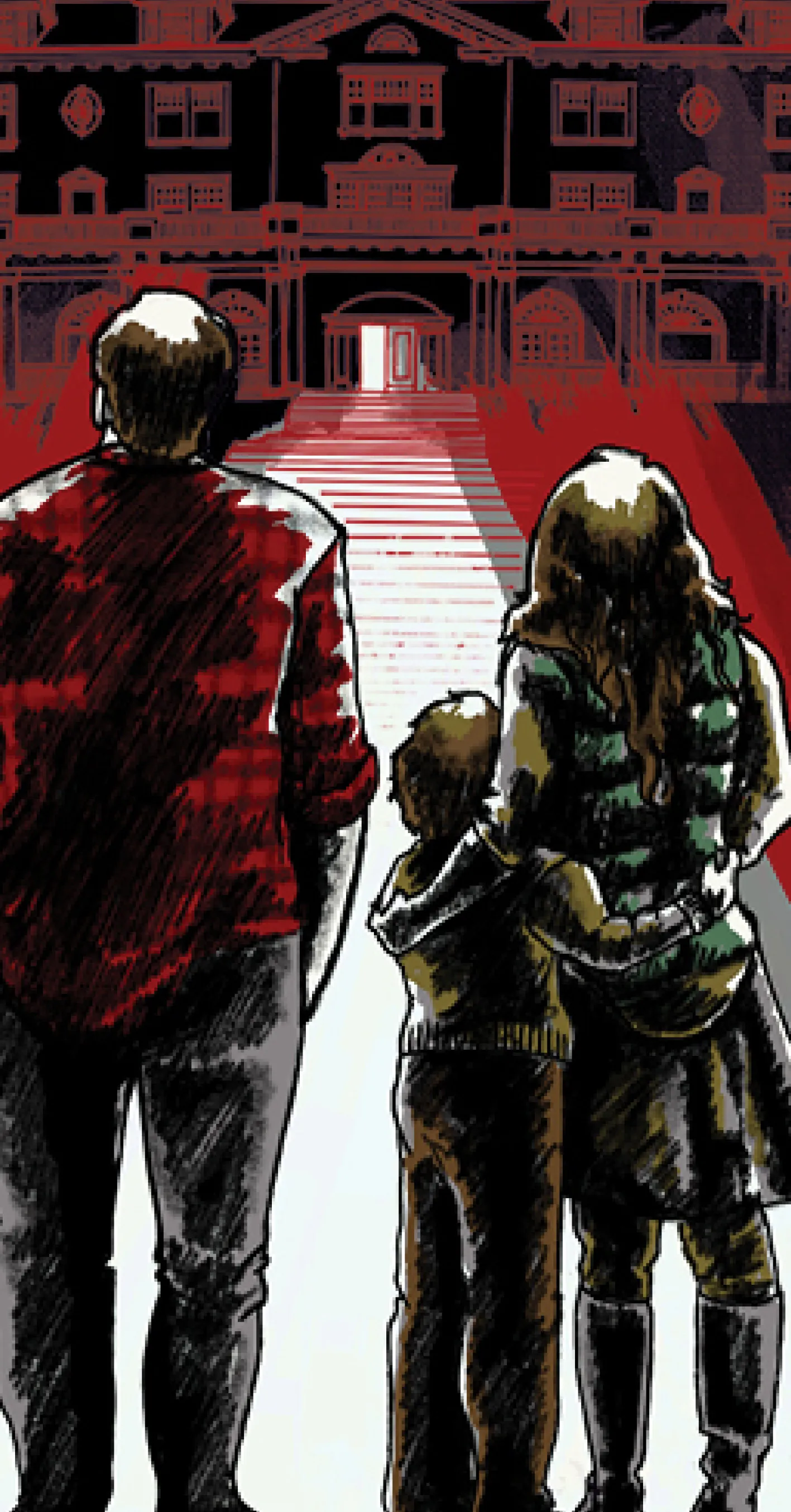 Three people stand together facing a large, dark building with bright light coming from its entrance, casting long red and white shadows on the ground.