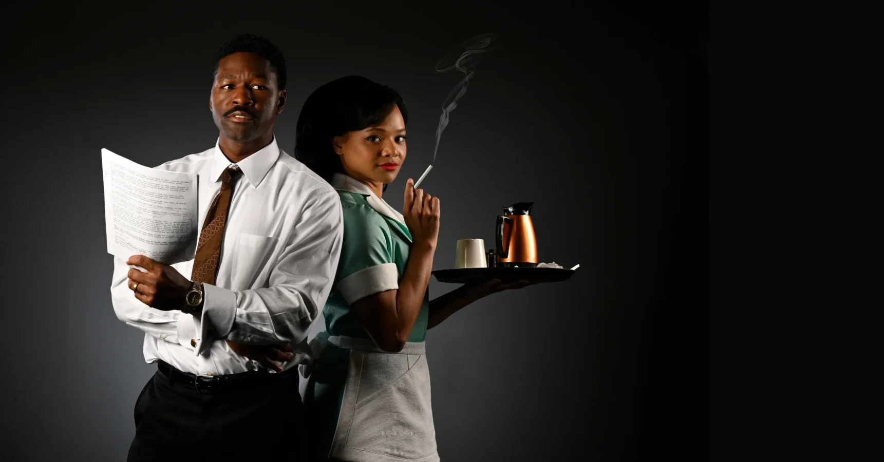 A man in a white shirt holds papers while a woman in a waitress uniform holds a tray with a coffee pot, cup, and smokes a cigarette; both stand back-to-back against a dark background.