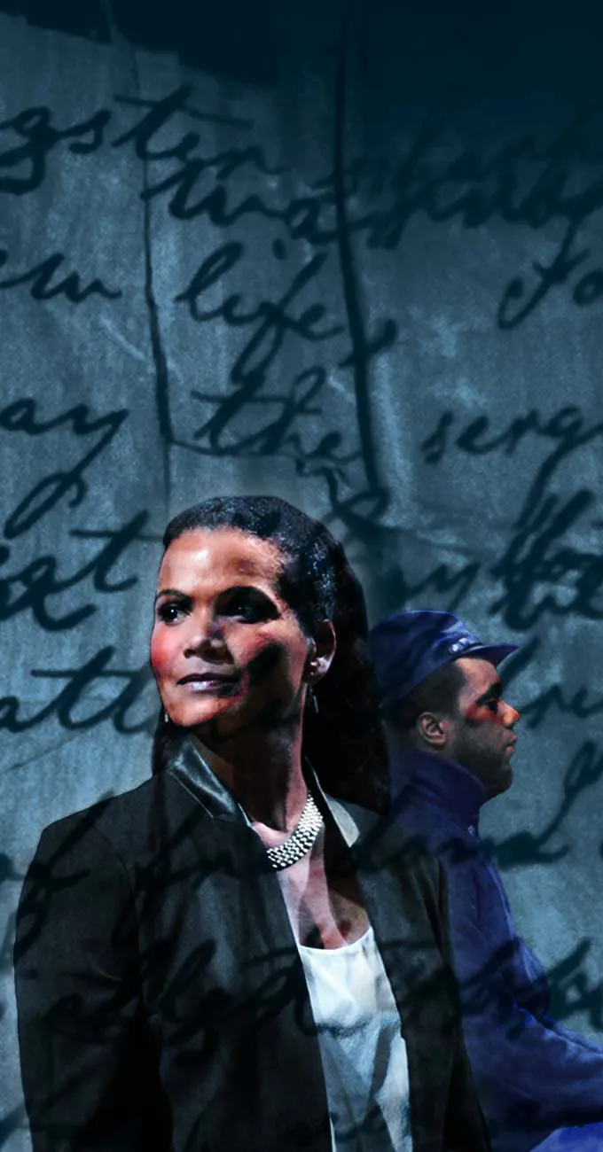 A woman in business attire stands in the foreground, with a man in a cap sitting in the background. Handwritten text is overlaid across the image.