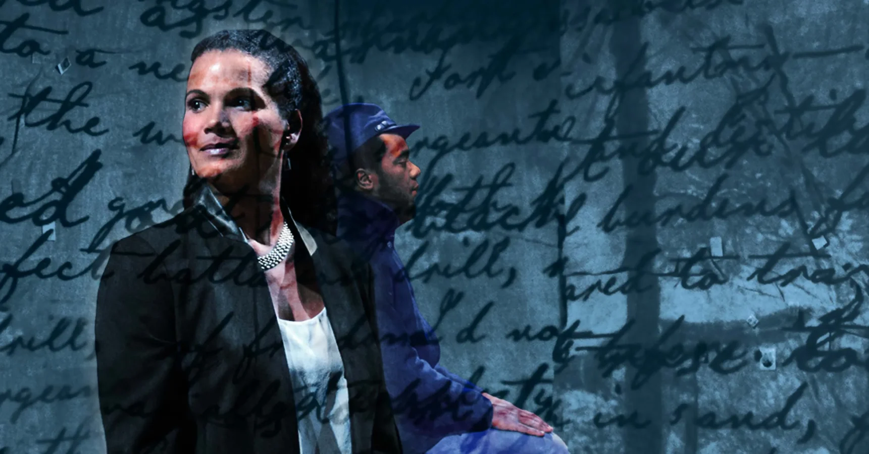 A woman in business attire stands facing forward while a man in casual clothes sits behind her; handwritten text overlays the entire image.