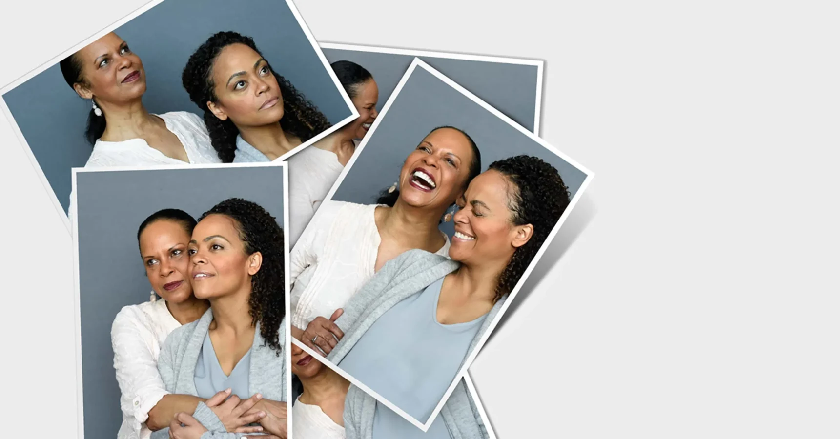 Four stacked photos of two women posing together in front of a gray backdrop, showing various expressions including smiling, laughing, and embracing.