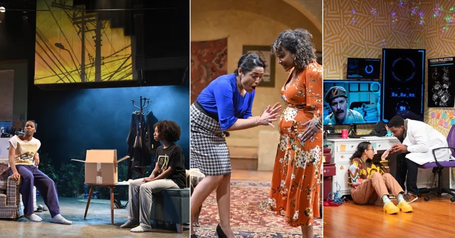 A split image shows three scenes: two teens in conversation, two women talking closely, and two people in a colorful tech lab setting.