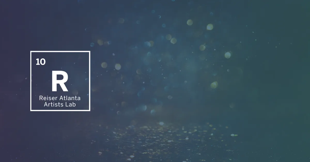 A graphic with a square labeled “10 R Reiser Atlanta Artists Lab” on a blue and green gradient background with small light spots.