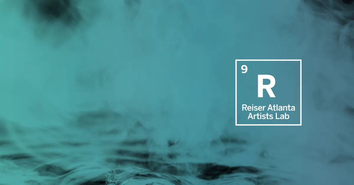 Blue-green background with mist or smoke; white square contains the text “9 R Reiser Atlanta Artists Lab” in a periodic-table style format.