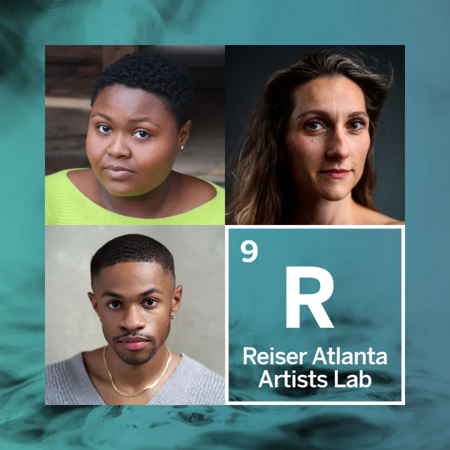 A collage with headshots of three people and a square labeled "9 R Reiser Atlanta Artists Lab" on a blue marbled background.