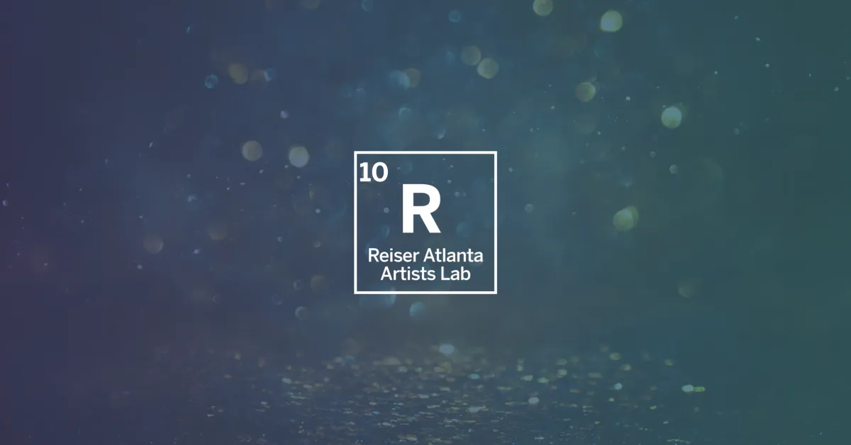 White text reads "10 R Reiser Atlanta Artists Lab" on a blurred blue-green background with light bokeh effects.