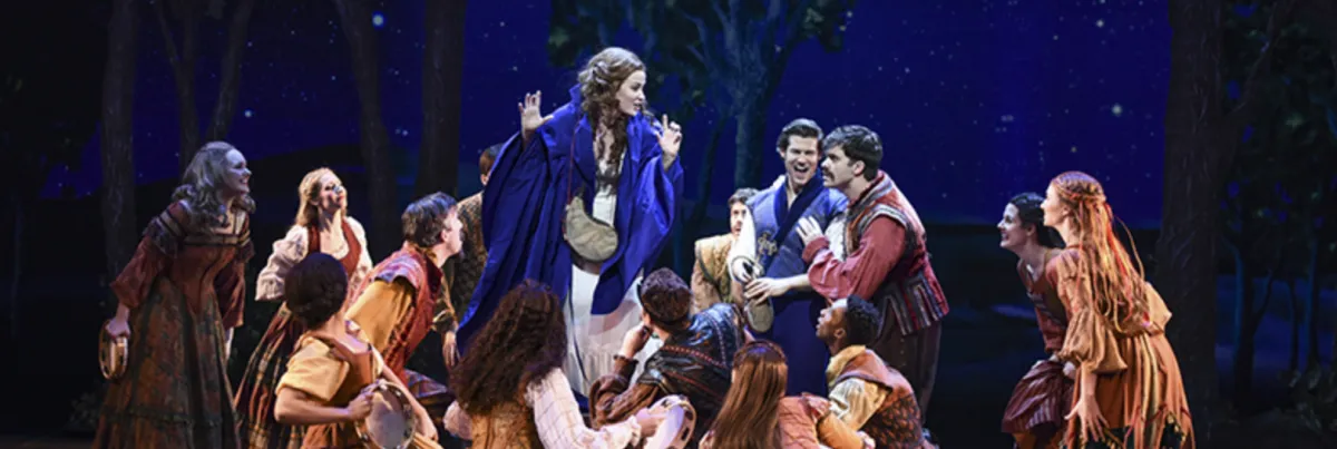 A group of actors in colorful costumes perform a musical scene on stage, with one central figure in a blue cloak, under a starry night backdrop.