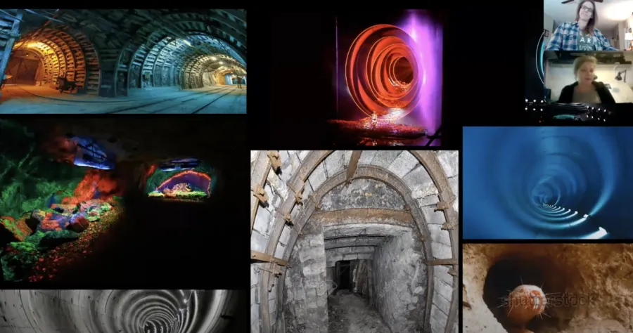 A collage of tunnel interiors, colorful cave scenes, abstract circular patterns, and two people in a video call in the upper right corner.