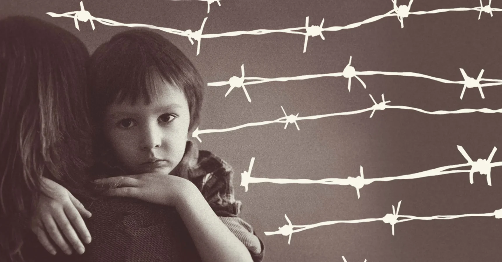 A young child with a sad expression rests their chin on an adult's shoulder, with white barbed wire drawn in the background.