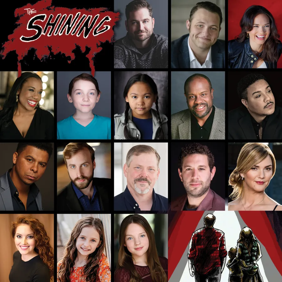 A grid of headshots featuring 16 diverse actors, with “The Shining” logo in red and black at the top left and artwork of two figures at the bottom right.
