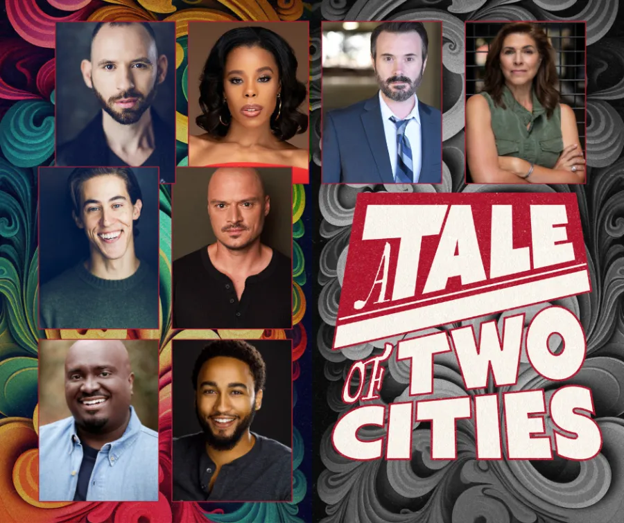 A collage featuring eight individual headshots of actors next to a stylized title that reads “A Tale of Two Cities” on a patterned background.