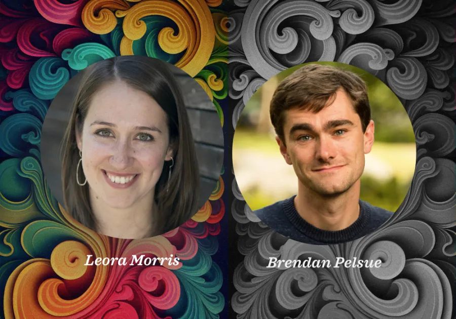 Two headshot photos side by side: a woman with brown hair on the left and a man with brown hair on the right, each labeled with their names, against a colorful swirling background.