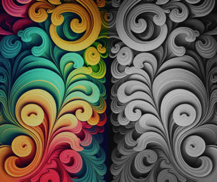 Two panels of swirling, layered abstract patterns; the left side is brightly colored, while the right side displays the same design in grayscale.