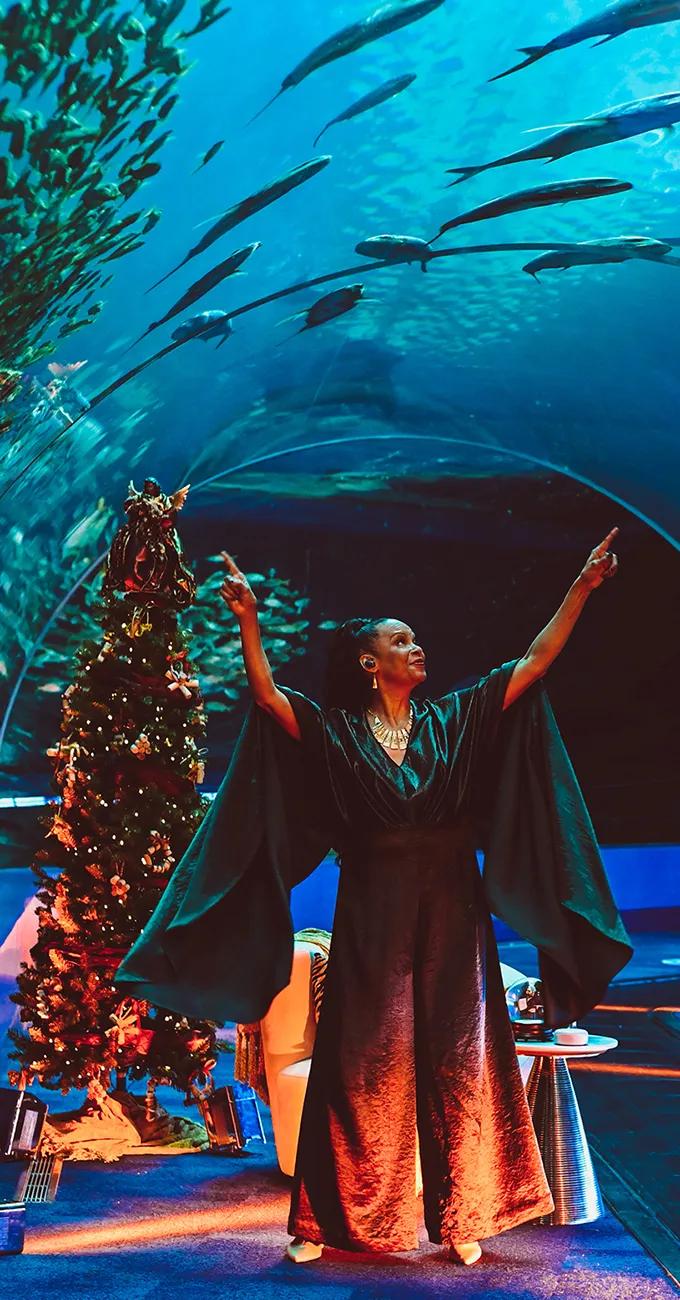 A woman in a flowing dress stands under an aquarium tunnel, pointing upwards; a decorated Christmas tree is beside her.