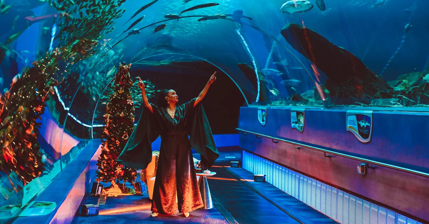 A person in a long, flowing dress stands in an underwater tunnel at an aquarium, pointing at fish swimming above; festive decorations are visible on the left.