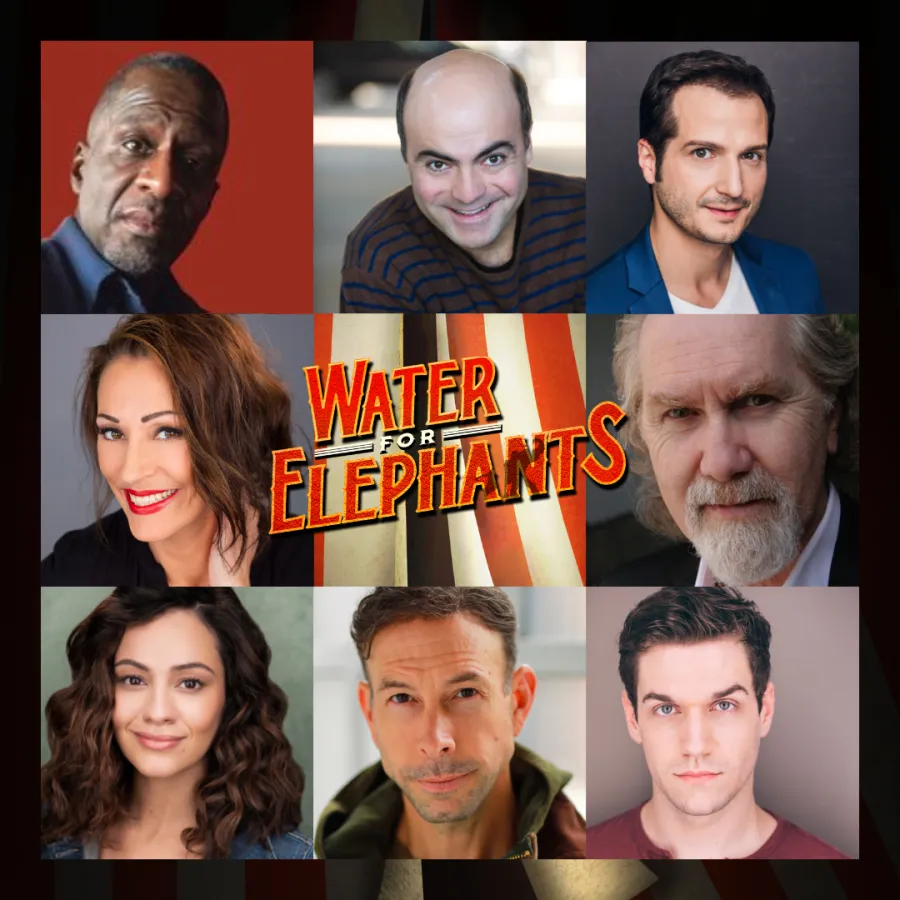 A 3x3 grid of headshots of eight actors surrounds a central "Water for Elephants" logo on a circus tent background.