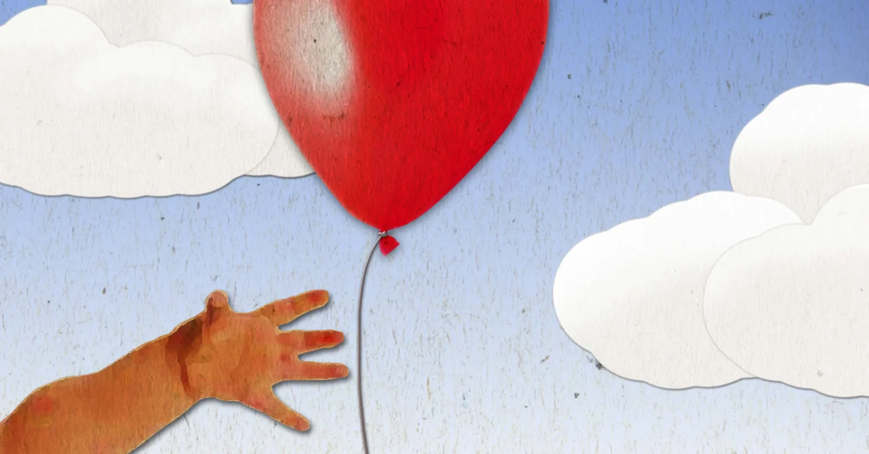 An illustrated hand reaches toward a red balloon floating upwards against a blue sky with white clouds.
