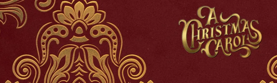 Gold decorative pattern on a burgundy background with the text "A Christmas Carol" in ornate gold lettering on the right side.