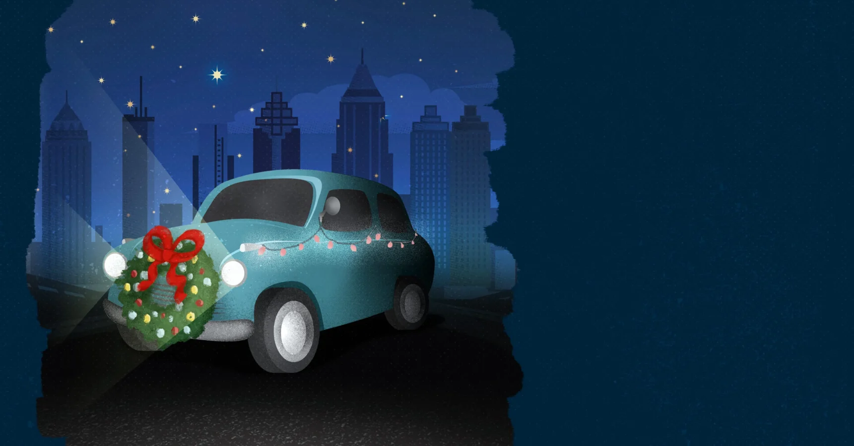 A small blue car decorated with a wreath and holiday lights is parked on a city street at night, with skyscrapers and stars in the background.