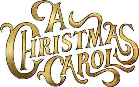 Gold ornate text reads "A Christmas Carol" on a transparent background.