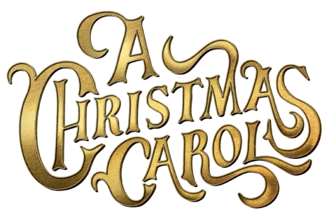 Gold, ornate text reading "A Christmas Carol" on a transparent background, styled with decorative swirls and a vintage appearance.