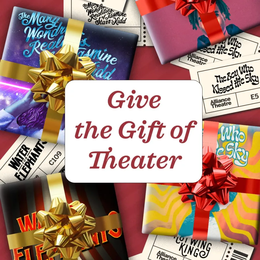 A square collage of wrapped gifts and theater tickets, with a central sign reading "Give the Gift of Theater" in red script font.