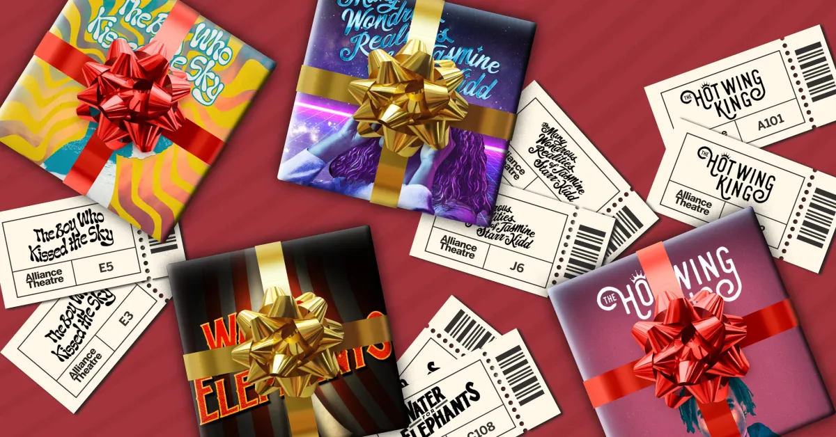 Five wrapped theater show gifts with bows are surrounded by Alliance Theatre tickets, arranged on a red surface.