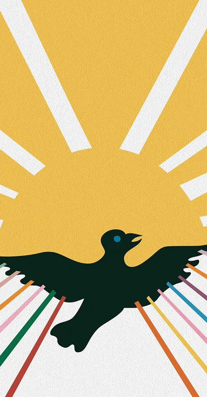 Illustration of a black bird with outstretched wings in front of a yellow sun with white rays and colored lines extending downward.