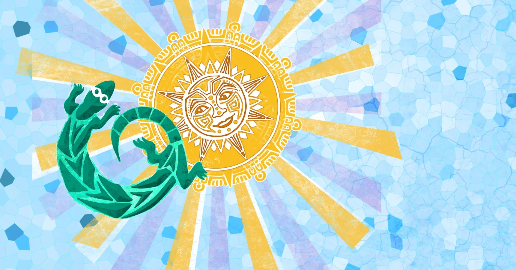 Illustration of a stylized sun with yellow rays, a geometric green lizard, and a blue mosaic-patterned background.