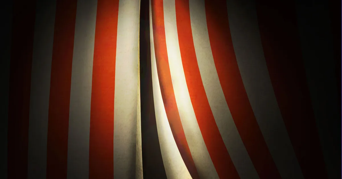 A close-up of red and white vertical stripes on fabric, resembling an old-fashioned circus or carnival tent, with subtle shadows and light.