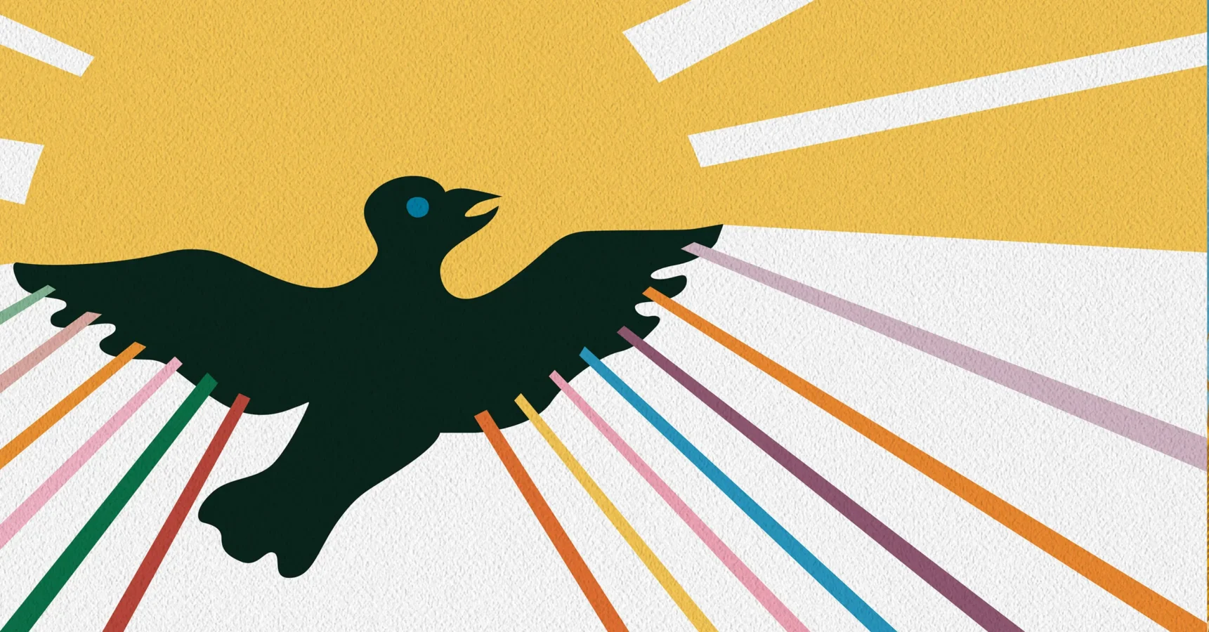 Illustration of a black bird in flight with colorful rays extending from its wings and bright light beams above against a yellow and white background.