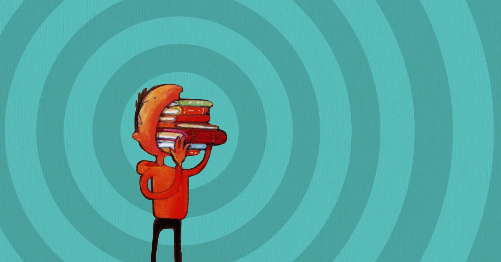 Illustration of a person with an open mouth holding a stack of books in front of them, set against a blue background with concentric circles.