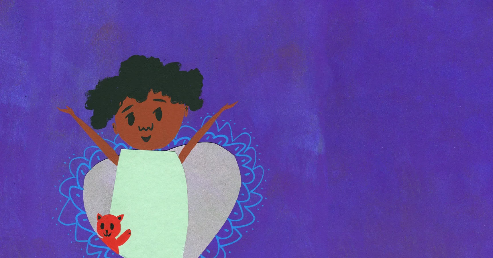 Illustration of a child with curly hair, wearing a white outfit with raised arms, holding a small red animal on a purple background with decorative blue patterns.