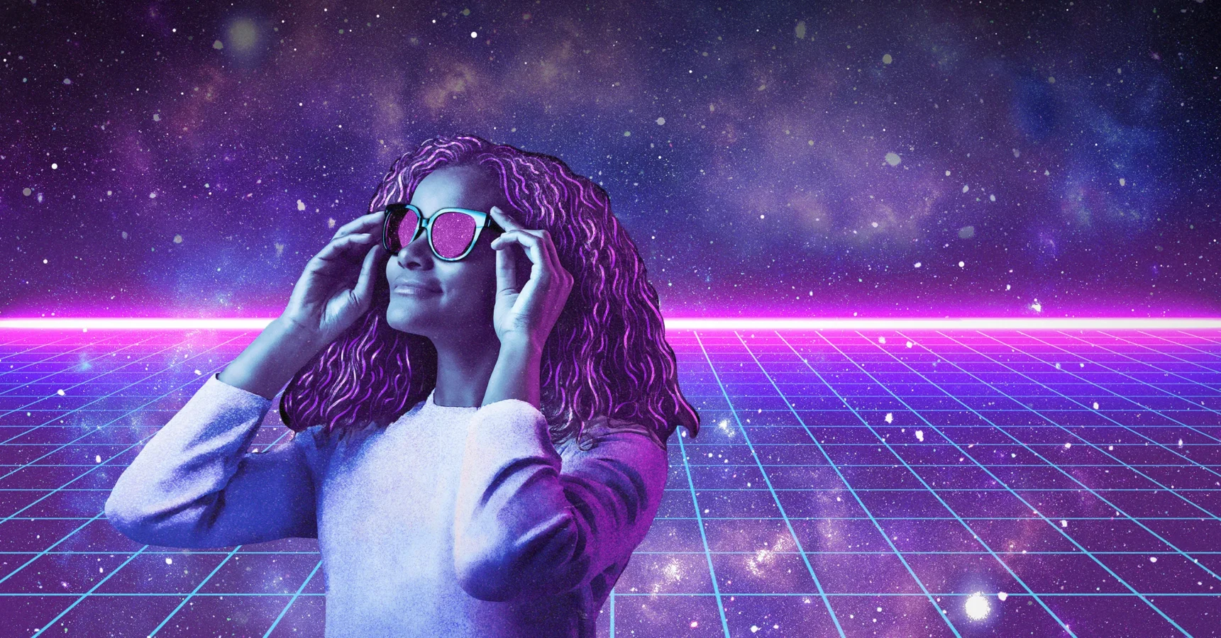 A person with curly hair wearing sunglasses stands in front of a neon grid with a starry, purple space background.