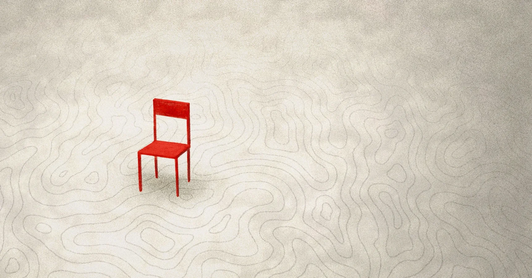 A single red chair sits on a textured, beige surface with abstract, wavy contour lines.