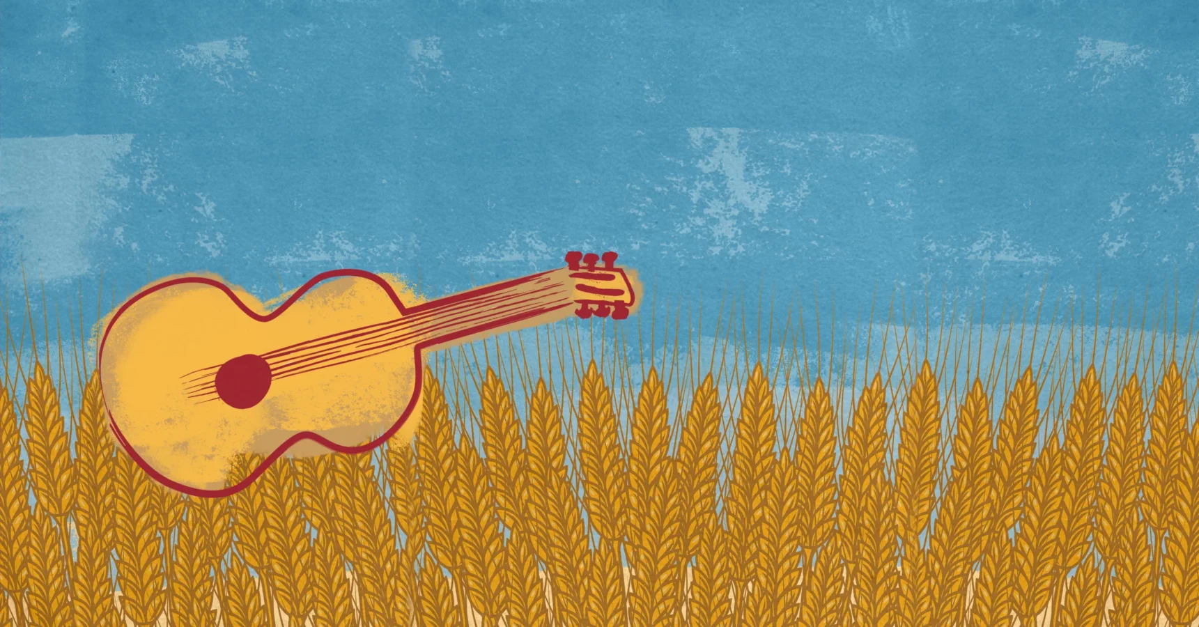 Illustration of a guitar lying in a wheat field under a blue sky.