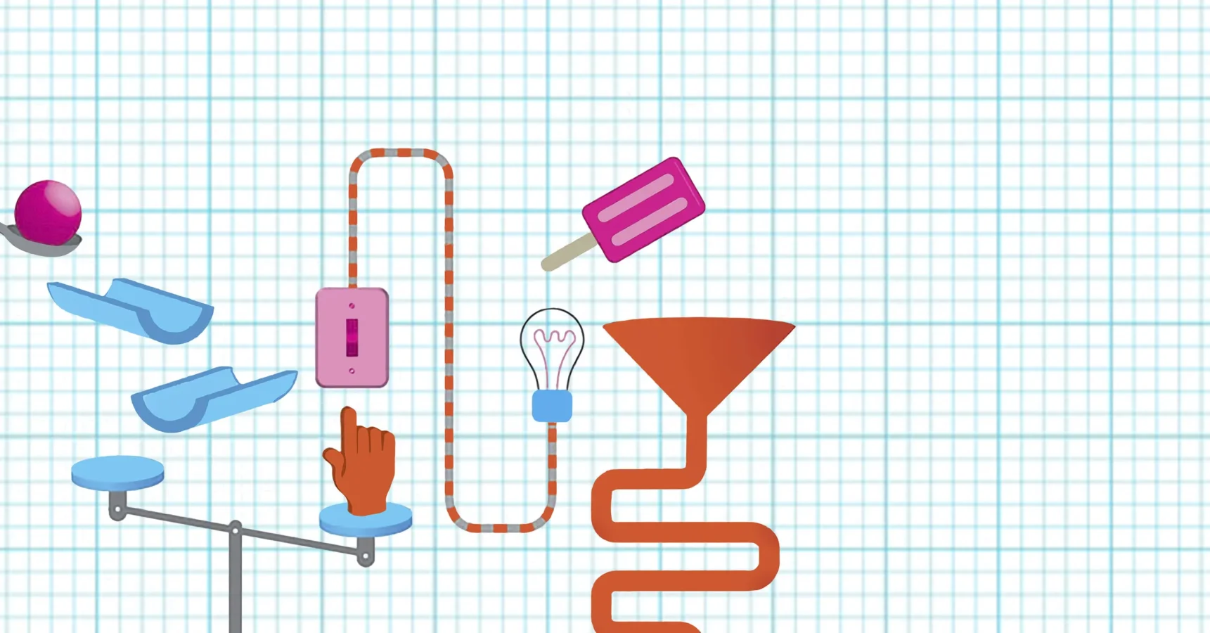 Cartoon of a Rube Goldberg machine with ramps, a ball, a switch, a light bulb, a popsicle, a funnel, and a coiled tube on graph paper background.
