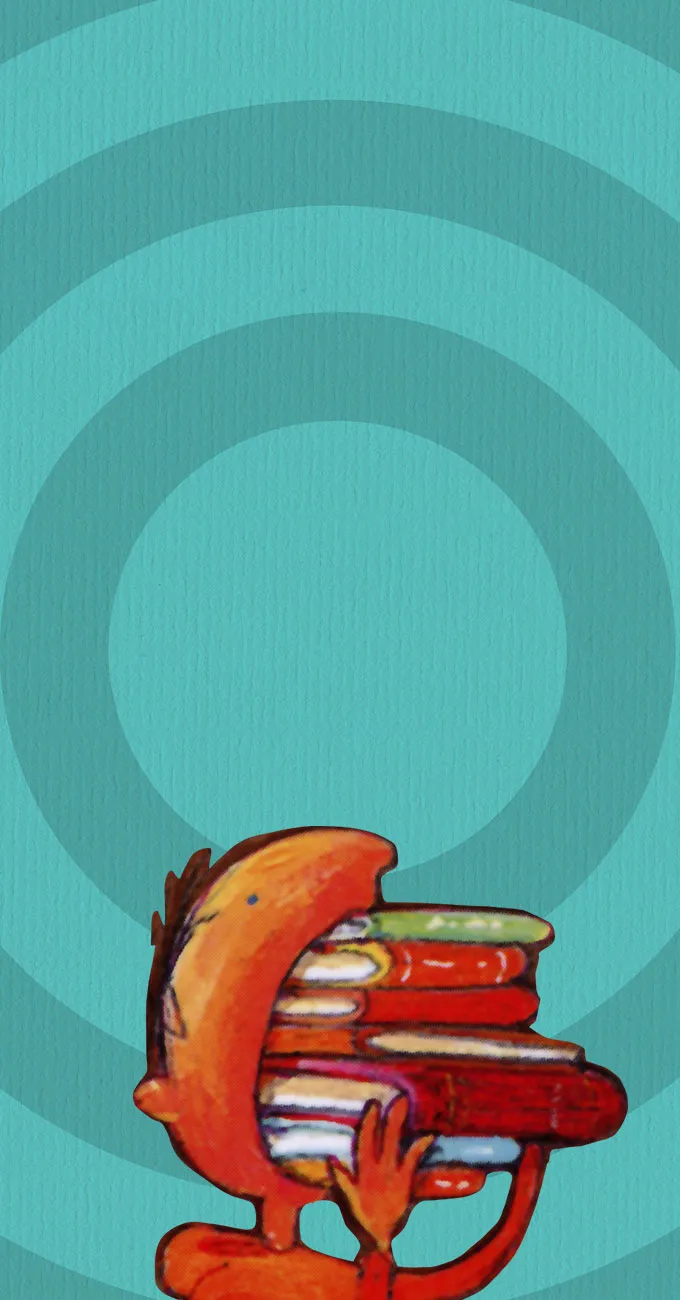Illustration of a person holding a stack of books with only their eyes and hands visible, set against a teal background with concentric circles.