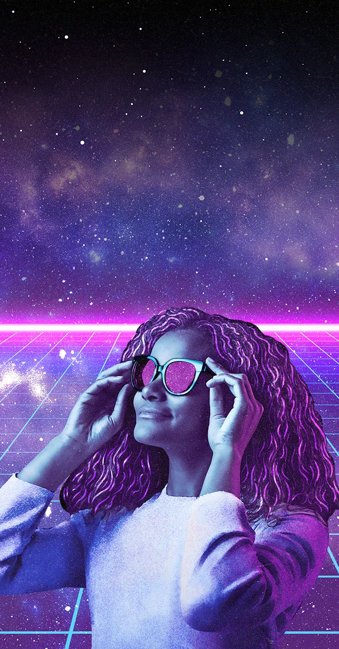 A woman with curly hair puts on sunglasses while standing on a glowing grid with a starry, neon-lit space background.